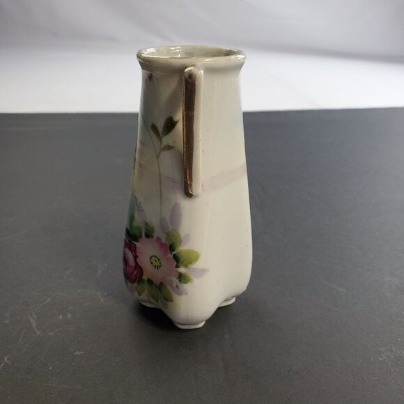 Vintage Nippon Vase Porcelain Painted Floral Design with Handles 5'' Tall - Picture 3 of 9
